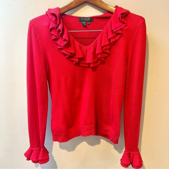 Ralph Lauren Sweaters - - Ralph Lauren vintage red sweater with ruffles Sz M/P